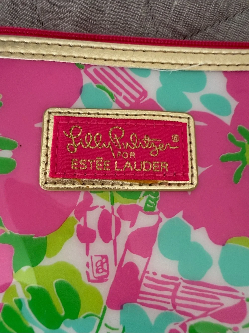 Lilly Pulitzer Pink Green Aqua Floral Vinyl Pouch with Gold Trim